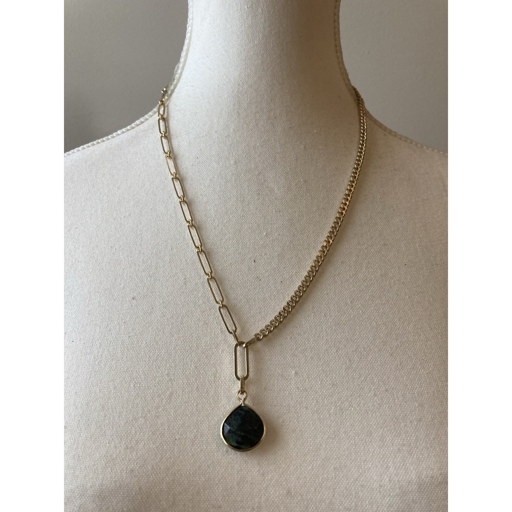 Gold Tone Asymmetrical Paperclip Curb Chain‎ Green Stone Teardrop Necklace